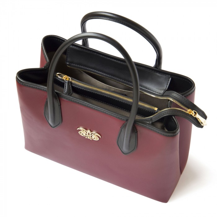 Smooth leather bag "BIG TOTE", burgundy color - zoom on details