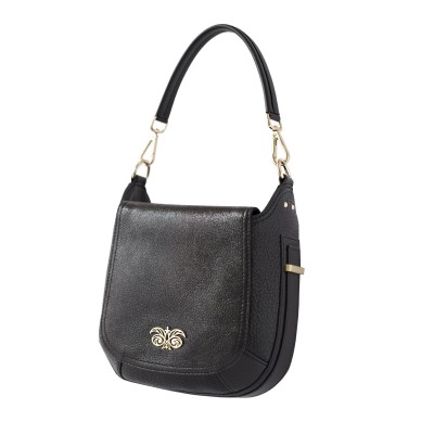 FRENCHY, sac double porté en cuir foulonné coloris noir, vue de profil