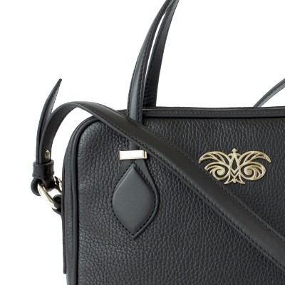 JULIETTE, sac à main zippé femme style 60's en cuir foulonné, coloris noir - détails