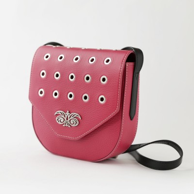 Small shoulder bag DINA ROCK in grained leather, raspberry color - profile view