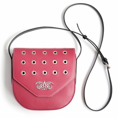 Small shoulder bag DINA ROCK in grained leather, raspberry color and black leather strap