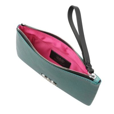 SUZY, grained leather zipper pouch in turquoise color with black wrist strap - open