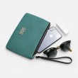 SUZY, grained leather zipper pouch in turquoise color with black wrist strap - with mobile phone and sunglasses