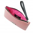 SUZY, grained leather zipper pouch in pink marshmallows color with black wrist strap - open