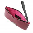 SUZY, grained leather zipper pouch in pink raspberry with black wrist strap - open