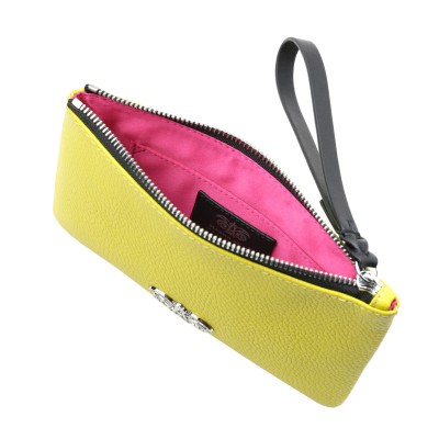 SUZY, grained leather zipper pouch, lemon yellow color with black wrist strap - open