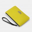 SUZY, grained leather zipper pouch, lemon yellow color with black wrist strap - side view