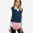 Small shoulder bag DINA ROCK in grained leather, Marshmallow Pink color - crossbody on model
