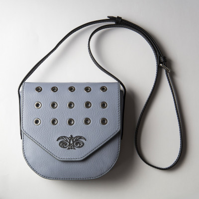Small shoulder bag DINA ROCK in grained leather, lavender grey color, white ground