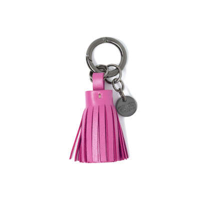 Key holder and bag charms TASSEL in lambskin fuchsia color and shiny gun finishing - front view