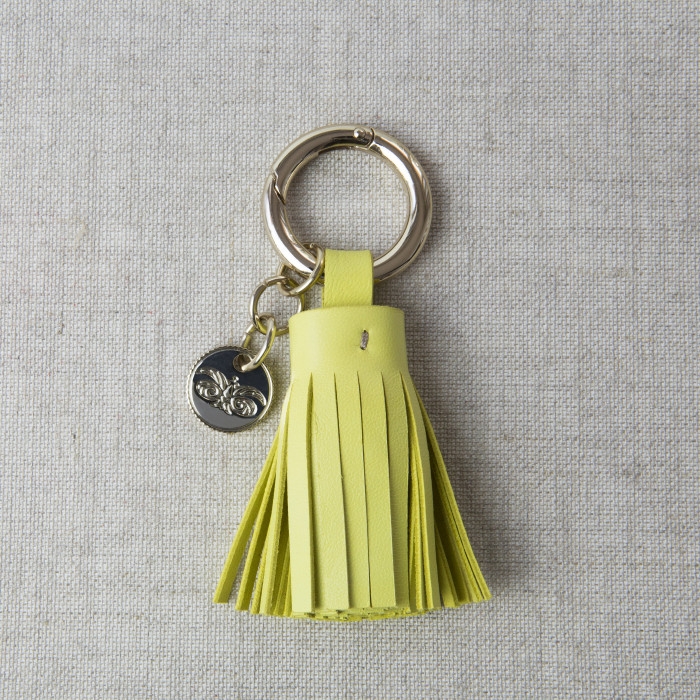 Key holder and bag charms TASSEL in lambskin, anis color and gold - on linen