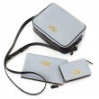 Camera leather crossbody bag in lavender grey color  with zipper pouch and wallet