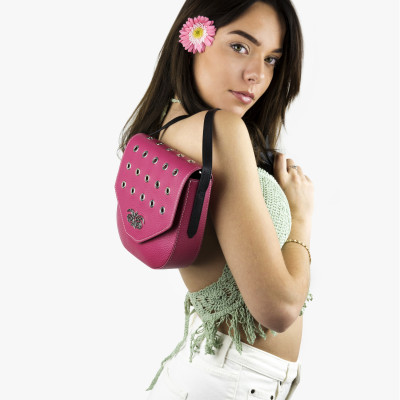 Small shoulder bag DINA ROCK in grained leather, raspberry color - on model