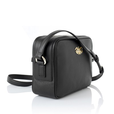 Camera leather crossbody bag in black color - side view