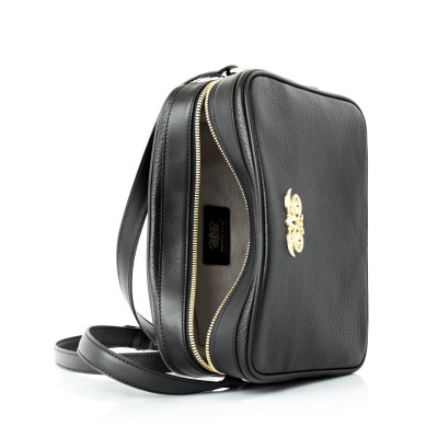 Camera leather crossbody bag in black color - open