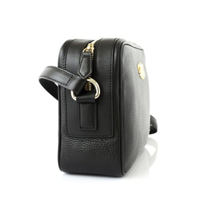Camera leather crossbody bag in black color - profile