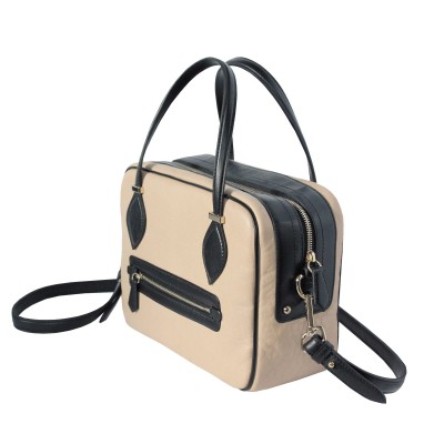 Leather handbag with removable strap, beige color - back pocket view