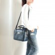 Leather handbag with removable strap, navy blue color - model