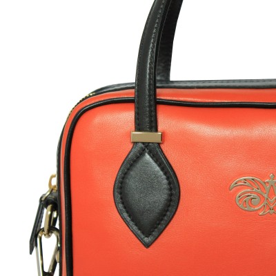 Leather handbag with removable strap, navy orange color - details