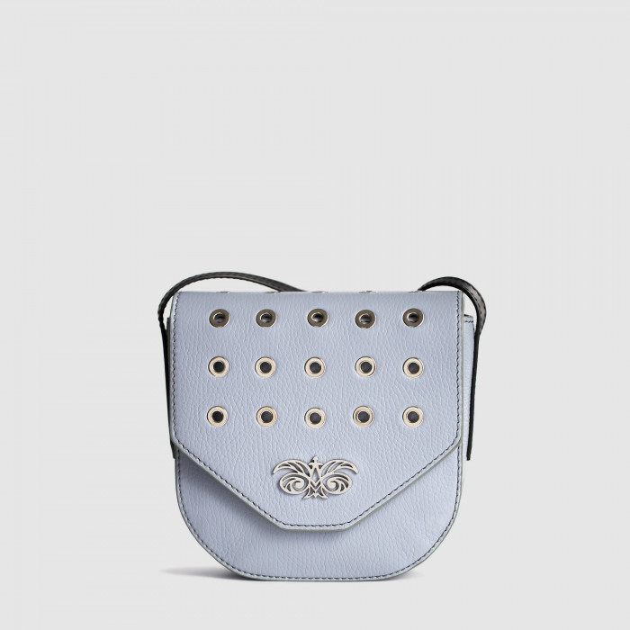 Small crossbody "DINA ROCK" in grained leather, lavender-grey colour - grey background