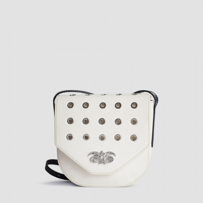 Small shoulder bag DINA ROCK in smooth leather, white color - front view - grey background