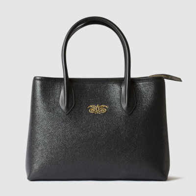 Grained leather Tote black color - front view-grey background