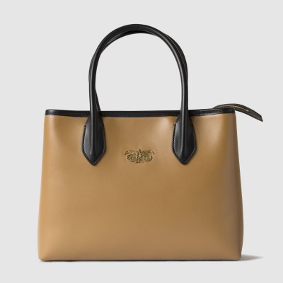Smooth leather tote bag, caramel color - front view, grey background