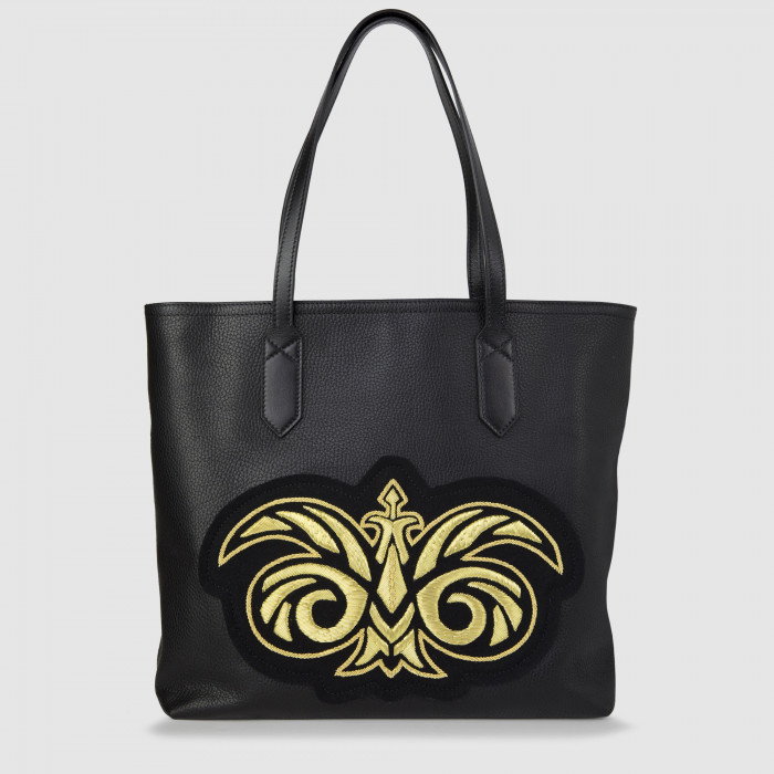 Luxury Leather Tote "ANNIE'S" with Hand metal embroidery on wool felt - black and gold - front view