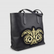 "ANNIE'S" leather Tote, black color with light gold metallic embroidery - side view
