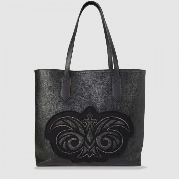 Luxury Leather Tote "ANNIE'S" with Hand metal embroidery on wool felt - black and black vintaged - front view