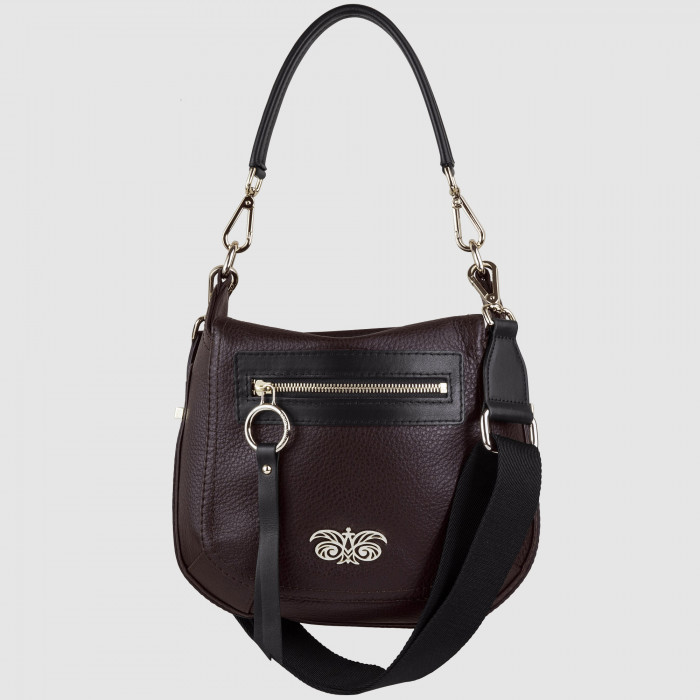 FRENCHY, crossbody bag in grained leather, brown color - front view - grey background