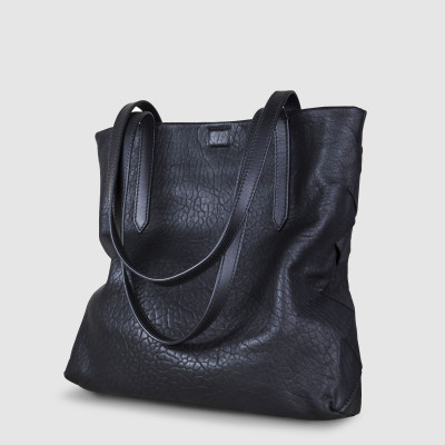 Soft lamb leather shopper "SUZANNE", medium size, black color - side view, grey background