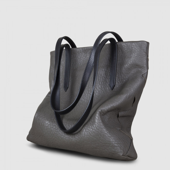 Soft lamb leather shopper "SUZANNE", medium size, taupe color - side view, grey background