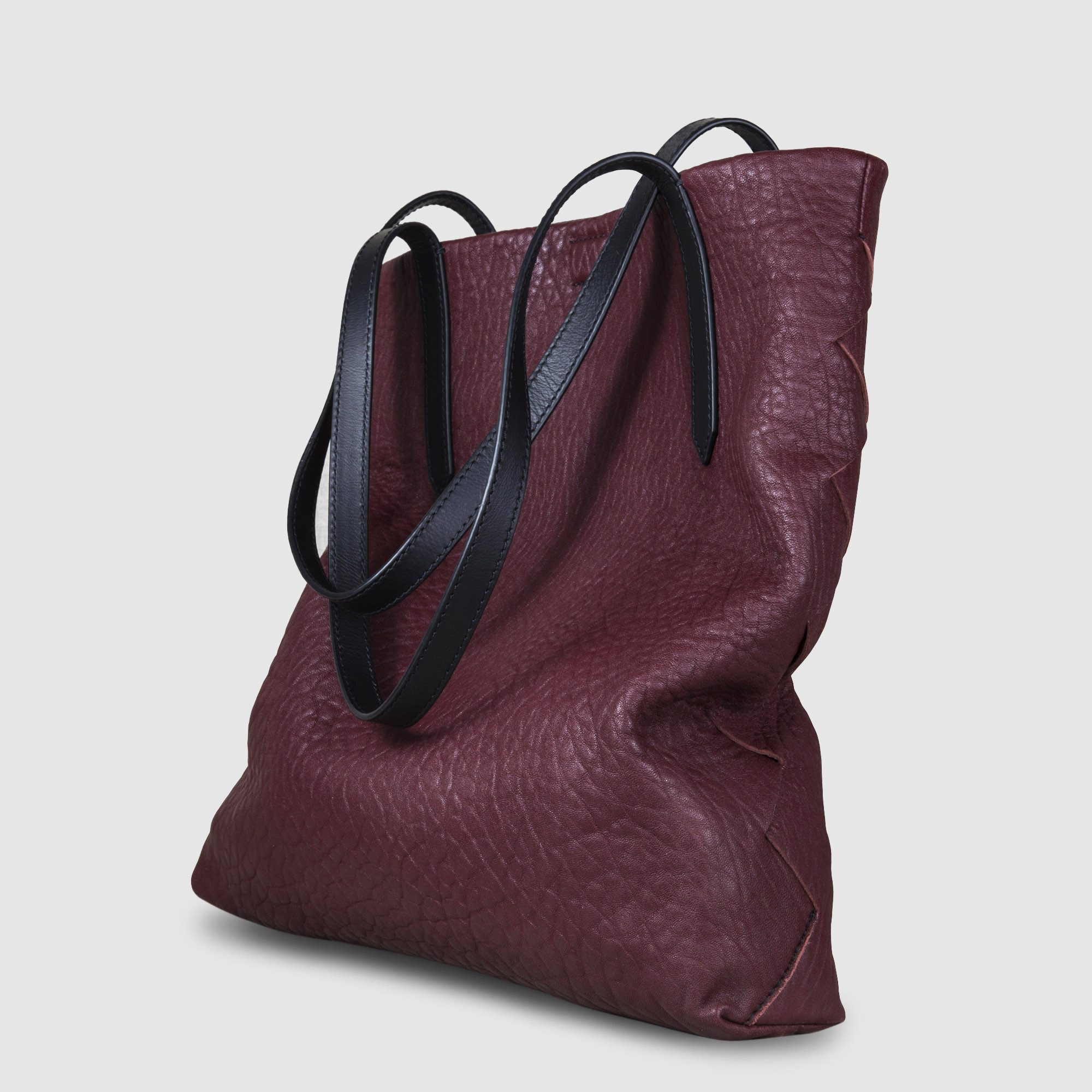 Soft lamb leather shopper "SUZANNE", big size, burgundy color - side view on grey background