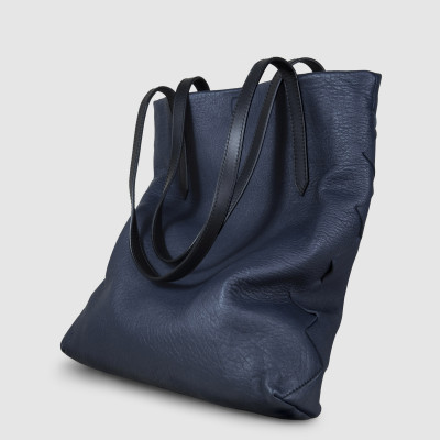 Soft lamb leather shopper "SUZANNE", big size, navy blue color - side view on grey background