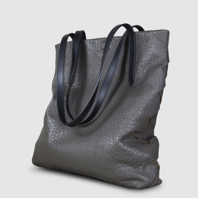 Soft lamb leather shopper "SUZANNE", big size, taupe color - side view on grey background
