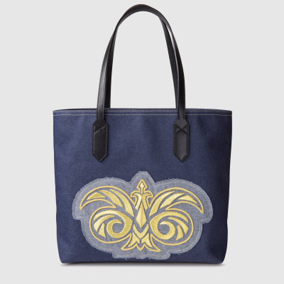 "ANNIE'S" bue jeans Tote with light gold cannetille embroidery - front view