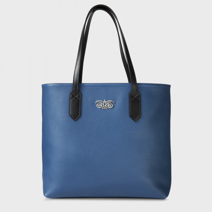 "ANNIE'S" grained leather Tote, blue color - front view