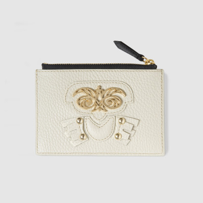 Zip pouch card holder "OWL-ROBOT" in grained calf leather, off-white color and light gold metals - front view