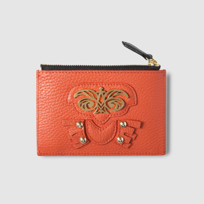 Zip pouch card holder "OWL-ROBOT" in grained calf leather, red-hibiscus color and light gold metals - front view