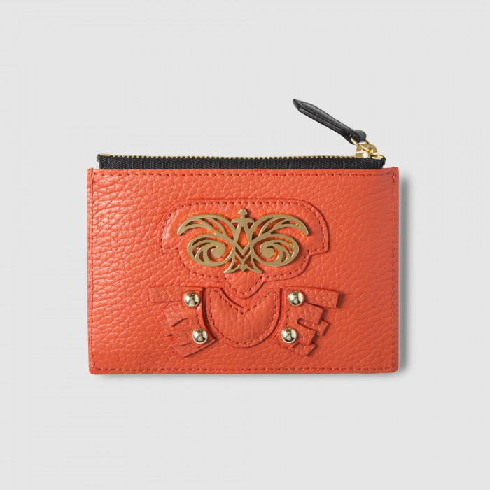 Porte-cartes zippé en cuir foulonné "Hiboux-Robot", coloris rouge hibiscus, pieces métalliques or - face