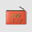 Zip pouch card holder "OWL-ROBOT" in grained calf leather, red-hibiscus color and light gold metals - front view