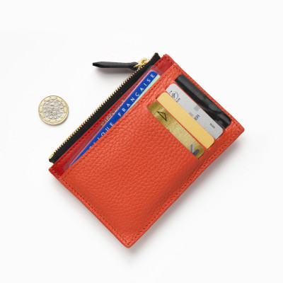 Zip pouch card holder "OWL-ROBOT" in grained calf leather, red-hibiscus color and light gold metals - with credit cards