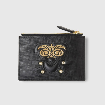 Zip pouch card holder "OWL-ROBOT" in grained calf, black color and light gold metals - front view