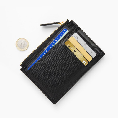 Porte-cartes zippé en cuir grainé "Hiboux-Robot", coloris noir, pieces métalliques or - remlis