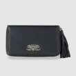 Zipper organizer "LISE" in grained calfskin black color and leather tassel - front view on linen