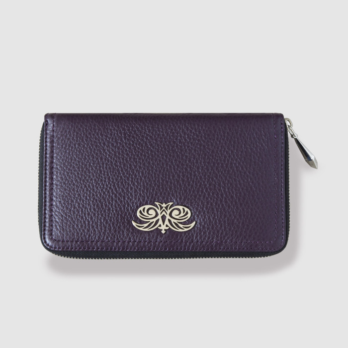 Zipper organizer "GEORGE" in grained calfskin purple color - front view
