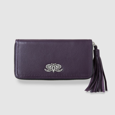 "KYOTO", portefeuille continental zippé en cuir foulonné coloris violet et une tirette pompon - vue de face