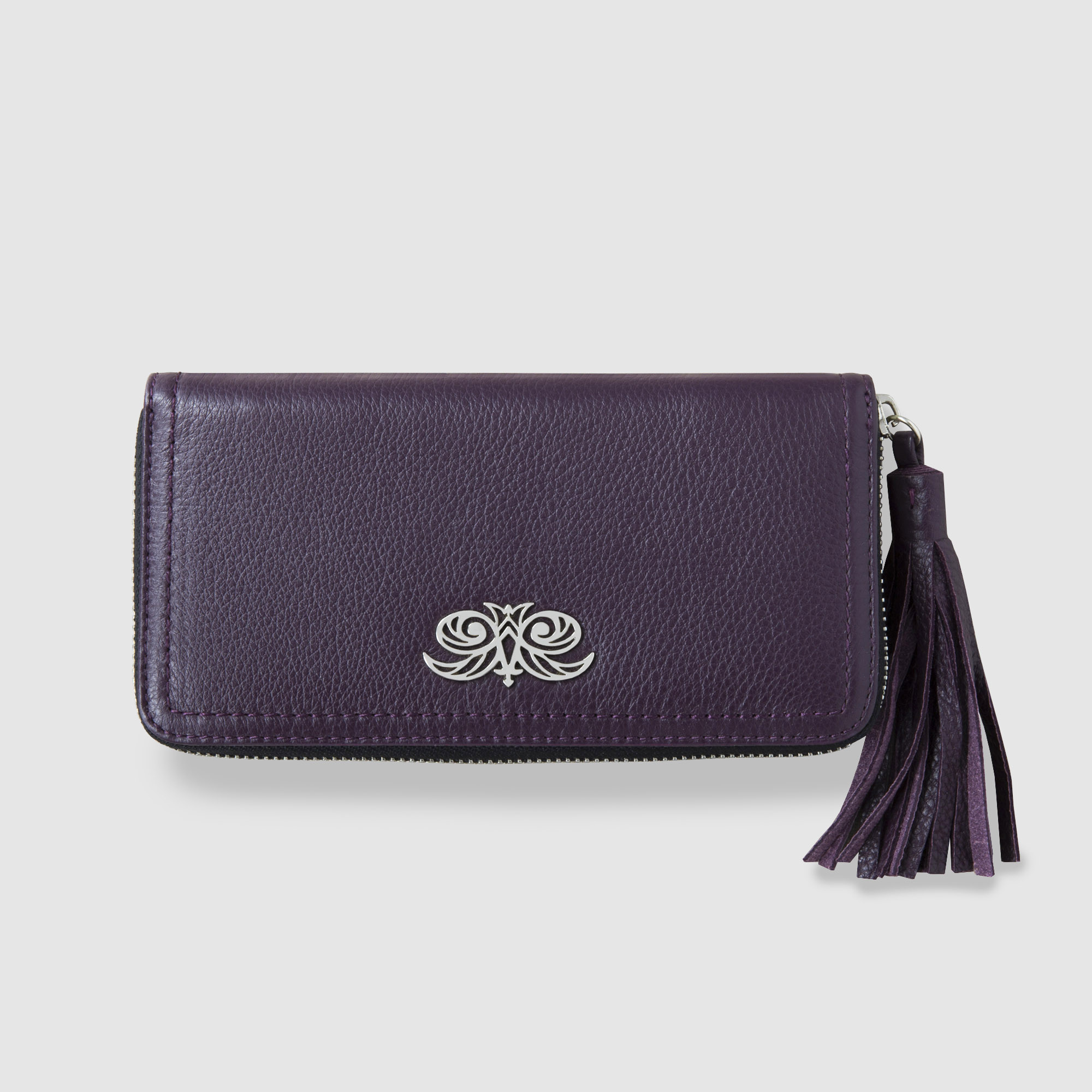 KYOTO, zipped  continental wallet in grained leather, purple color with tassel - front view