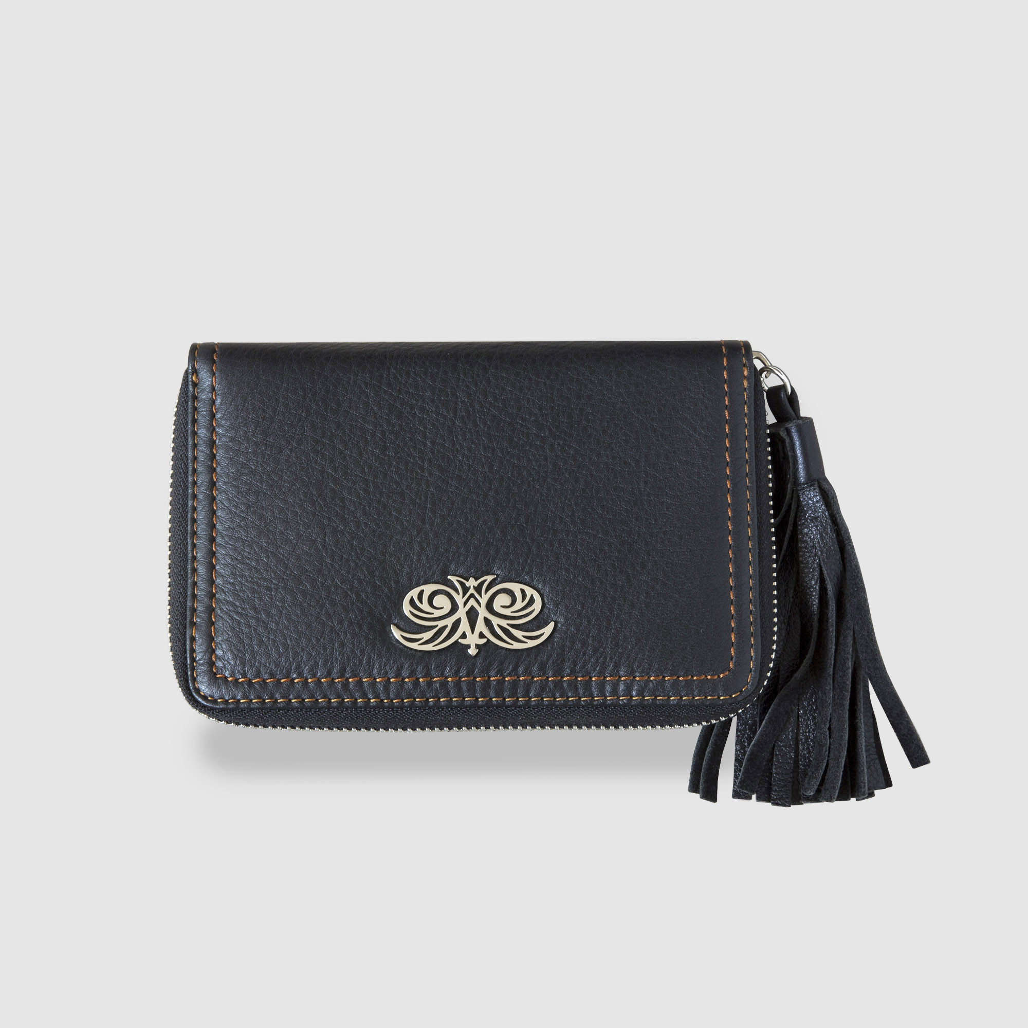 Zip around wallet NEW YORK in black grained calfskin and tassel - front view